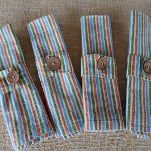 1980's Fiesta-Striped Cotton Napkins Set of 4 w/Button Accented Rings